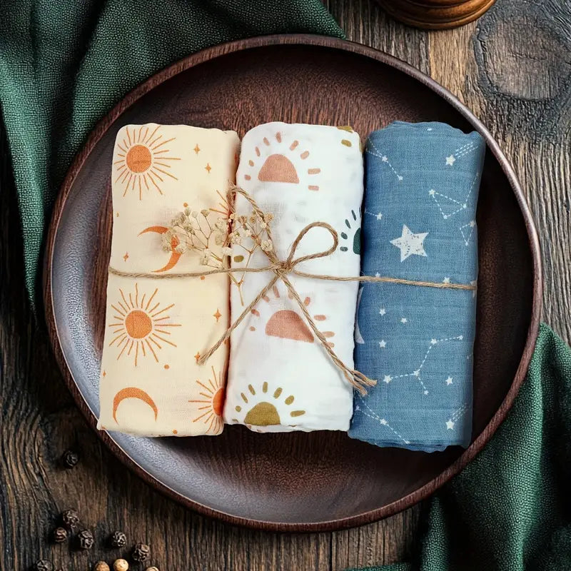3-Pack Silky-Soft Cotton Muslin Swaddles - Sun, Moon & Stars (Large)