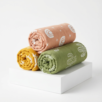 3-Pack Silky-Soft Bamboo Muslin Swaddles - Boho Desert (Large)