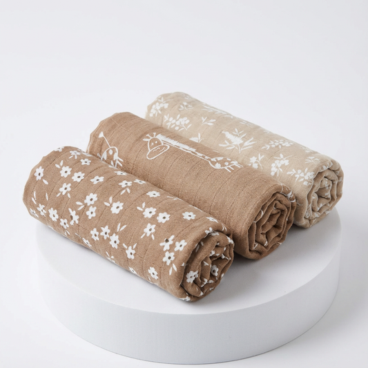 3-Pack Silky-Soft Bamboo Muslin Swaddles - Giraffe & Floral (Large)