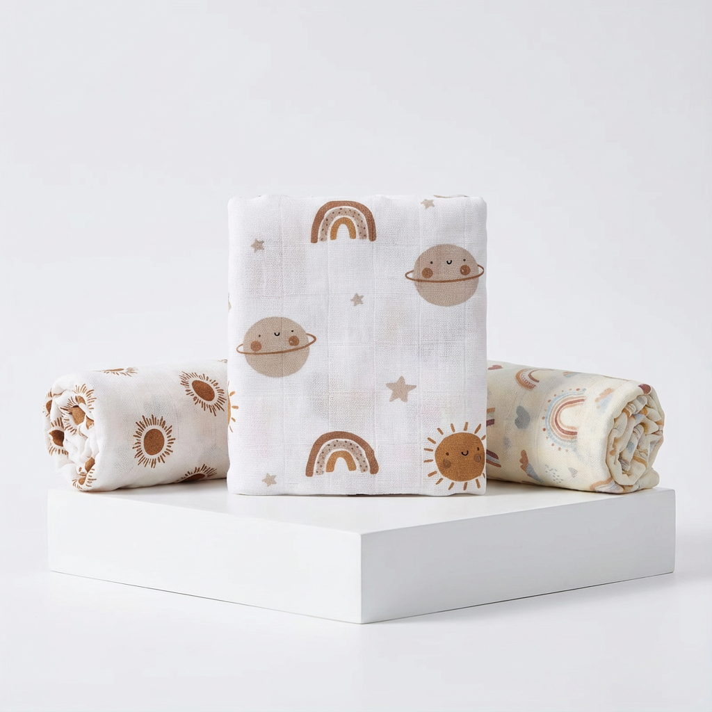 3-Pack Silky-Soft Bamboo Muslin Swaddles - Happy Skies (Large)