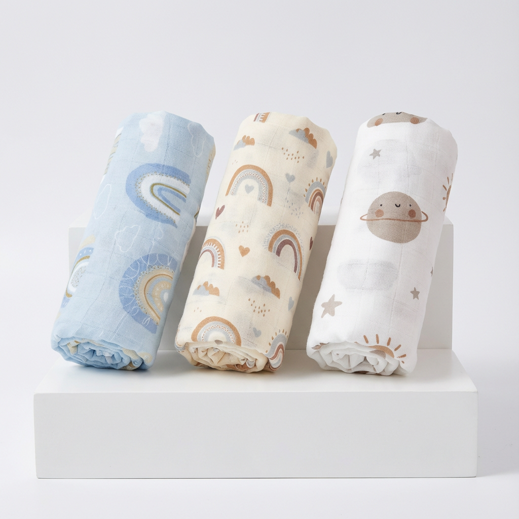 3-Pack Silky-Soft Bamboo Muslin Swaddles - Rainbow & Planet (Large)