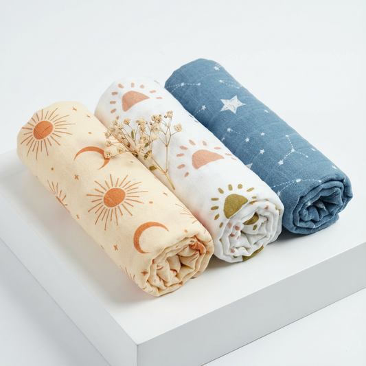 3-Pack Silky-Soft Bamboo Muslin Swaddles - Sun, Moon & Stars (Large)