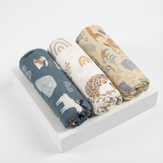 3-Pack Silky-Soft Bamboo Muslin Swaddles - Woodland & Safari (Large)
