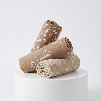 3-Pack Silky-Soft Bamboo Muslin Swaddles - Giraffe & Floral (Large)