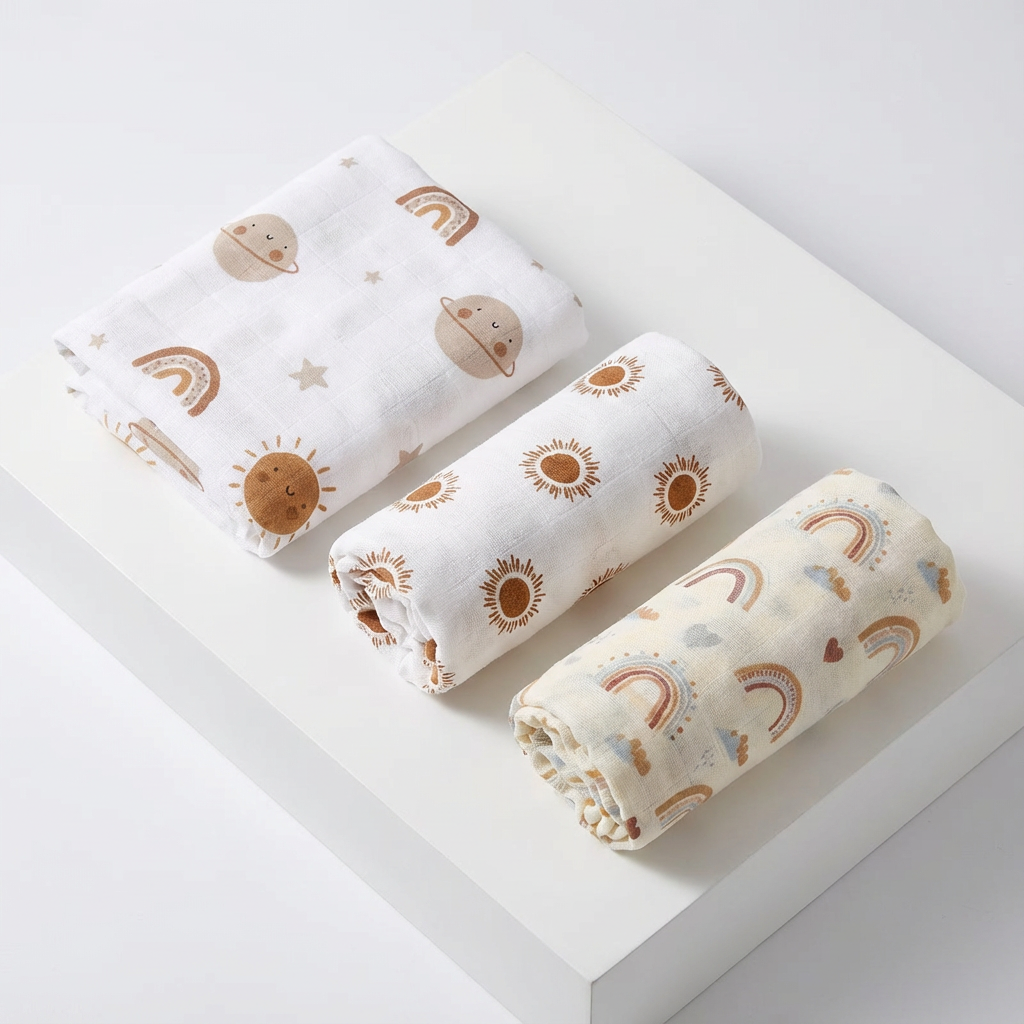 3-Pack Silky-Soft Bamboo Muslin Swaddles - Happy Skies (Large)