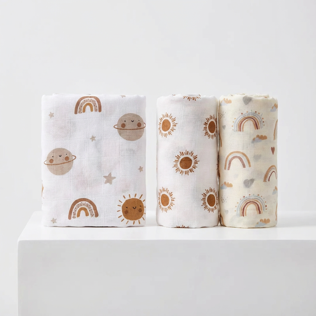 3-Pack Silky-Soft Bamboo Muslin Swaddles - Happy Skies (Large)