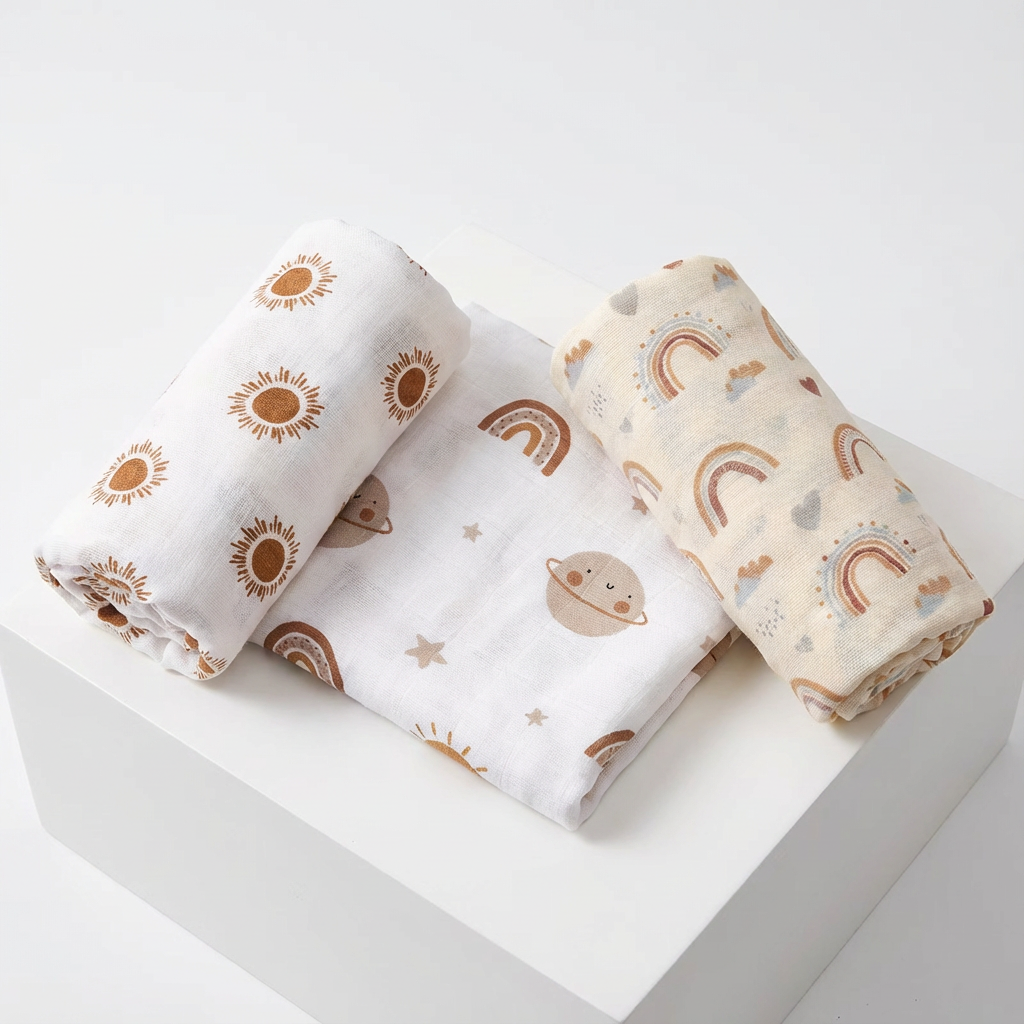 3-Pack Silky-Soft Bamboo Muslin Swaddles - Happy Skies (Large)