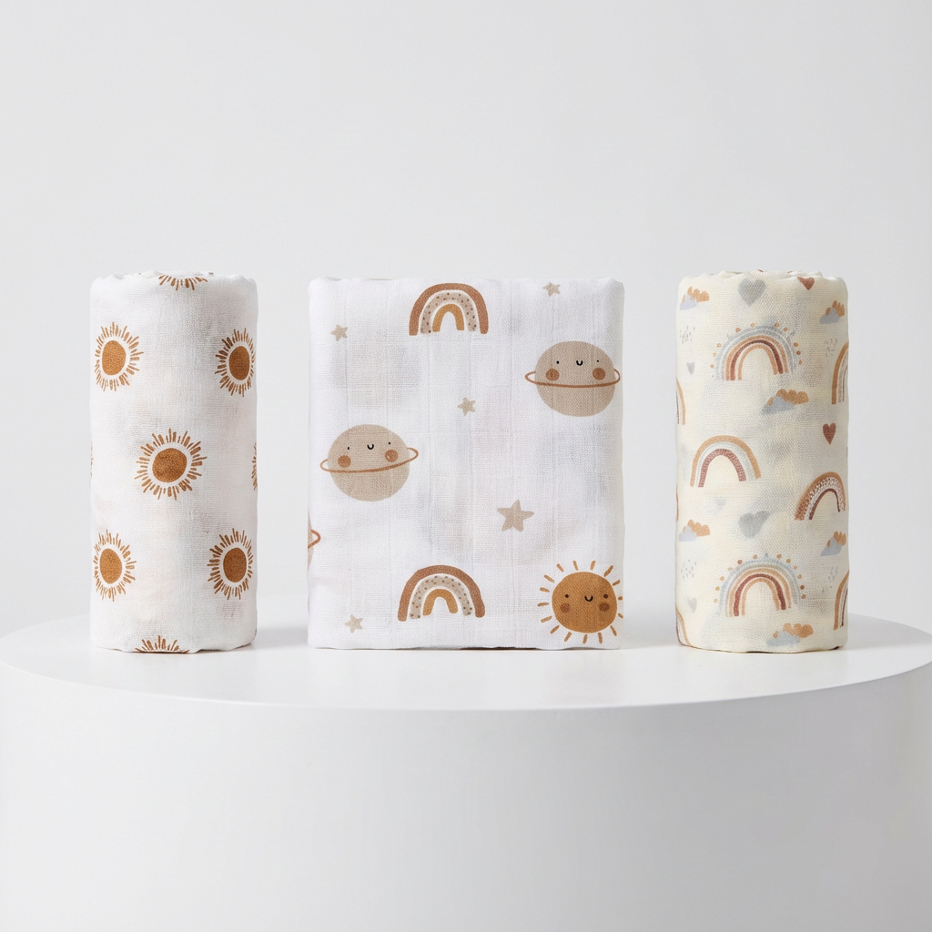 3-Pack Silky-Soft Bamboo Muslin Swaddles - Happy Skies (Large)