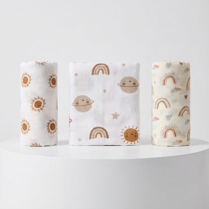 3-Pack Silky-Soft Bamboo Muslin Swaddles - Happy Skies (Large)