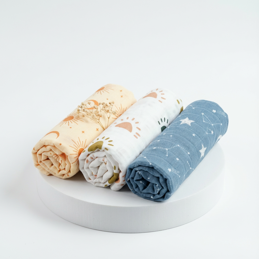 3-Pack Silky-Soft Bamboo Muslin Swaddles - Sun, Moon & Stars (Large)
