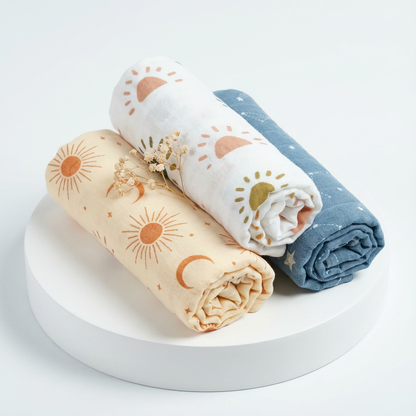 3-Pack Silky-Soft Bamboo Muslin Swaddles - Sun, Moon & Stars (Large)