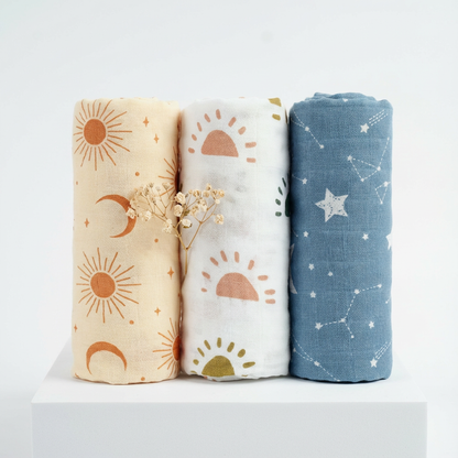 3-Pack Silky-Soft Bamboo Muslin Swaddles - Sun, Moon & Stars (Large)