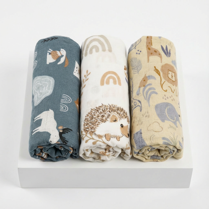 3-Pack Silky-Soft Bamboo Muslin Swaddles - Woodland & Safari (Large)