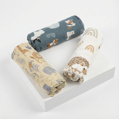 3-Pack Silky-Soft Bamboo Muslin Swaddles - Woodland & Safari (Large)